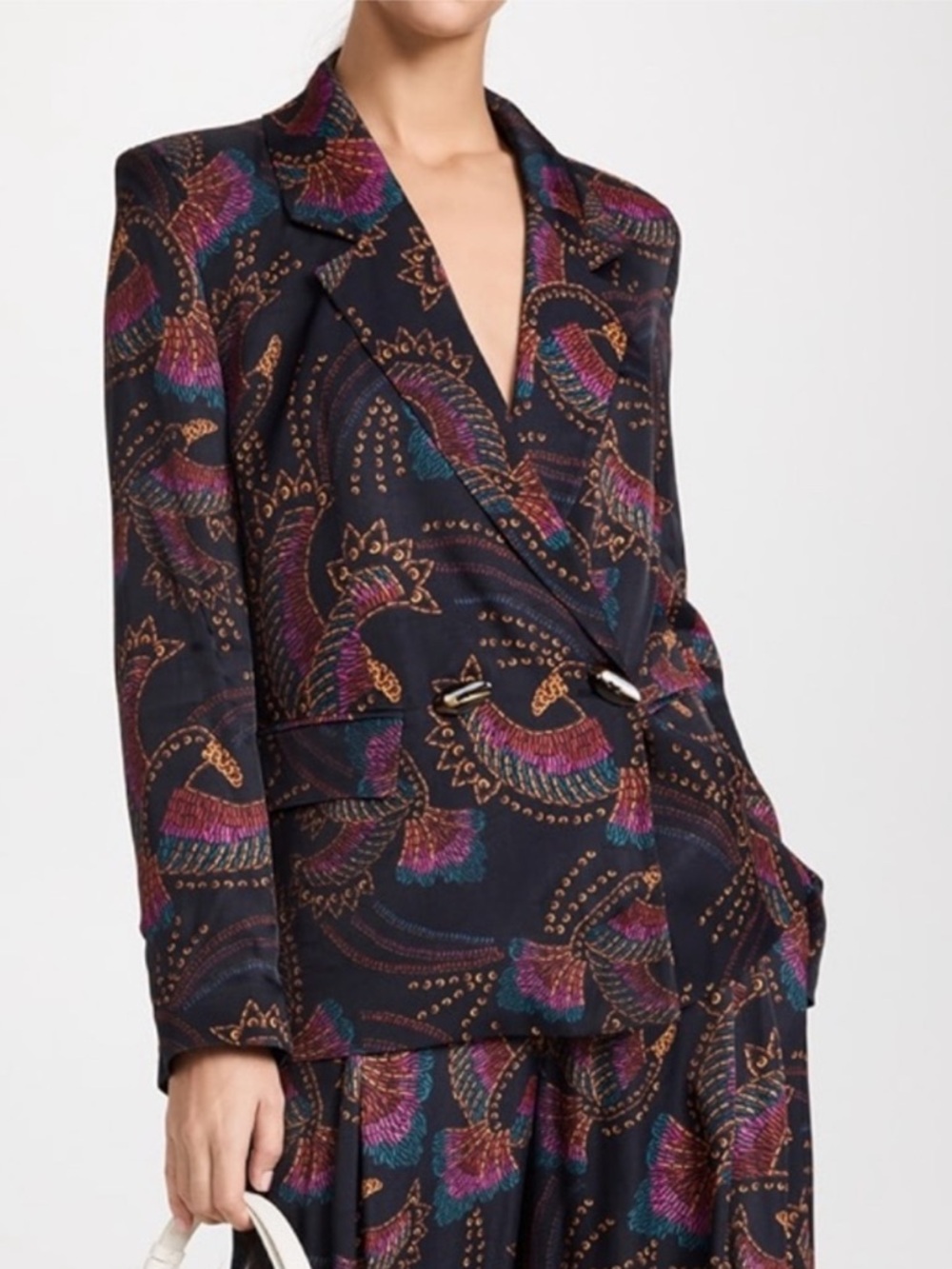 Farm Rio Double Breasted Toucans Satin Blazer